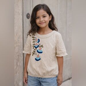 Embroidered Cotton Boho Peasant Top Kids Small Cream Folk Cottagecore